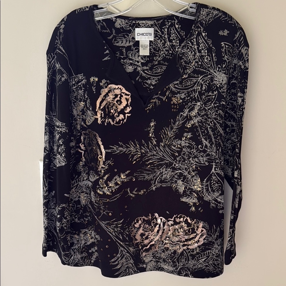 Chico's Size 2 Floral Print V-Neck Black Knit Top with Metallic Design